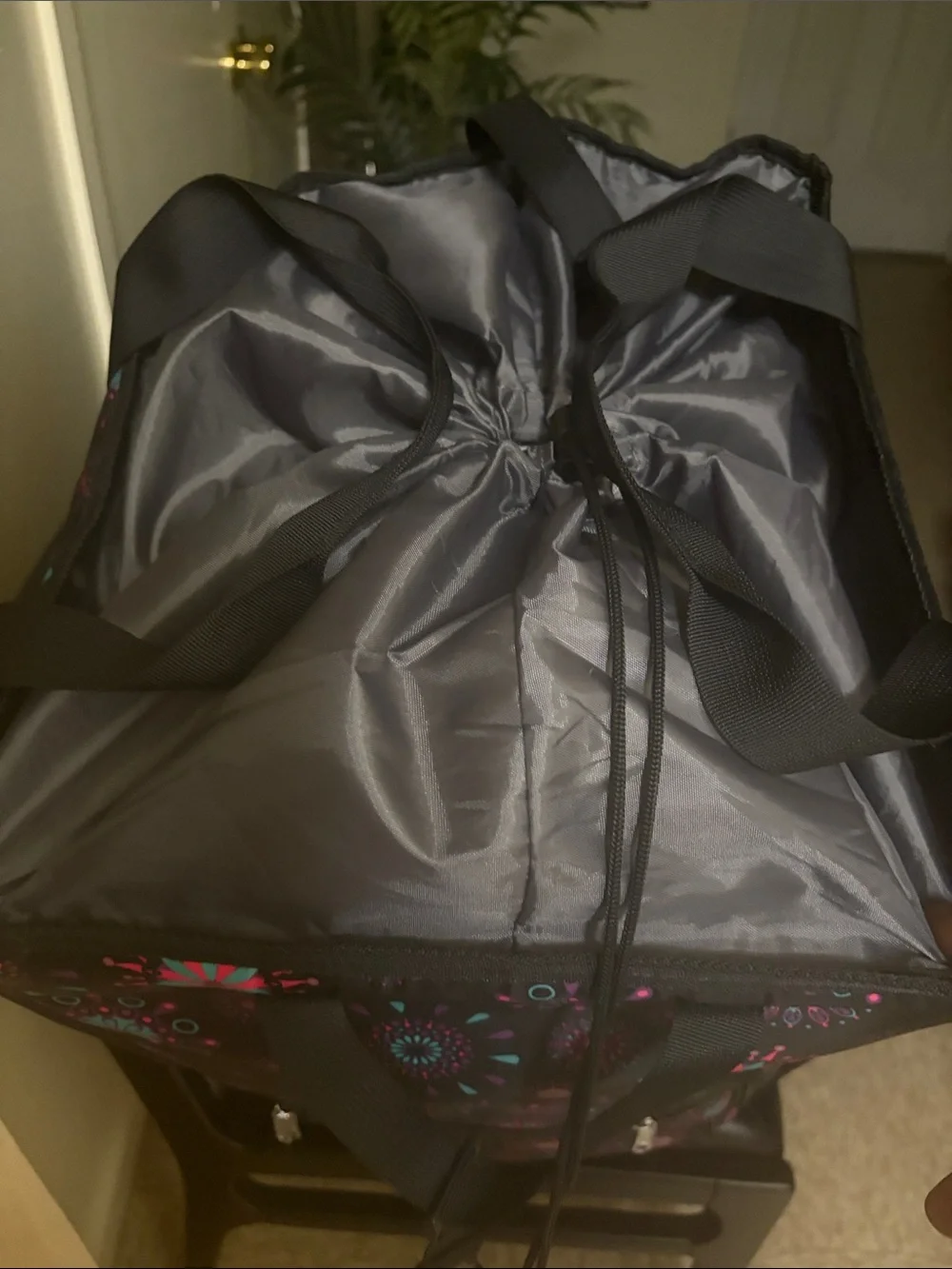 Stylish Black Drawstring Tote Bag with Pink & Teal Floral Print